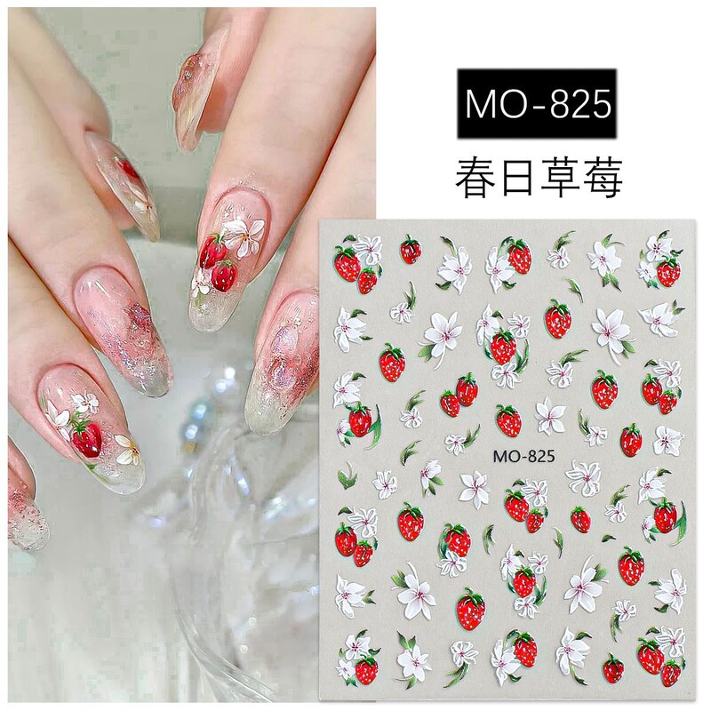 Spring Strawberry Nail Art Stickers Popular Fresh Style Cherry Blossom Strawberry 3D Embossed Flower Nail Stickers Nail Art Decorations