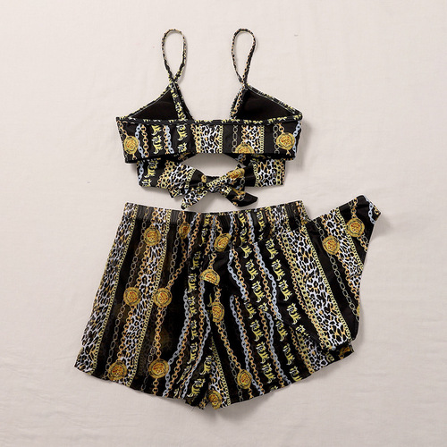 欧美宫廷复古链条比基尼女性感网纱三件套分体泳衣印花泳装bikini