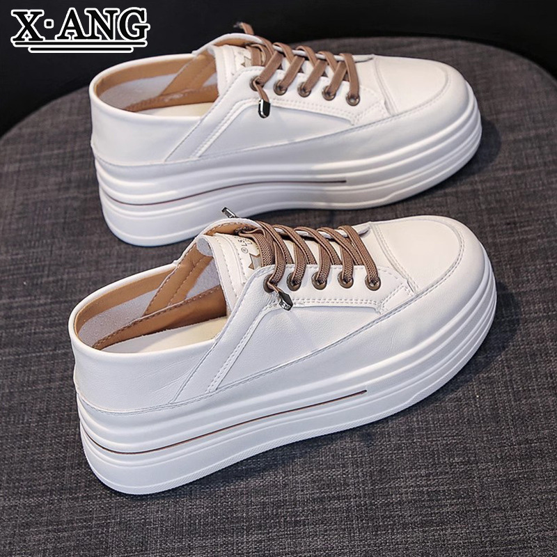 Genuine Leather White Shoes with Hidden Height Increase for Women, 2026 Spring/Summer New Style, Thick-Soled Casual Shoes, Sneakers, Platform Shoes