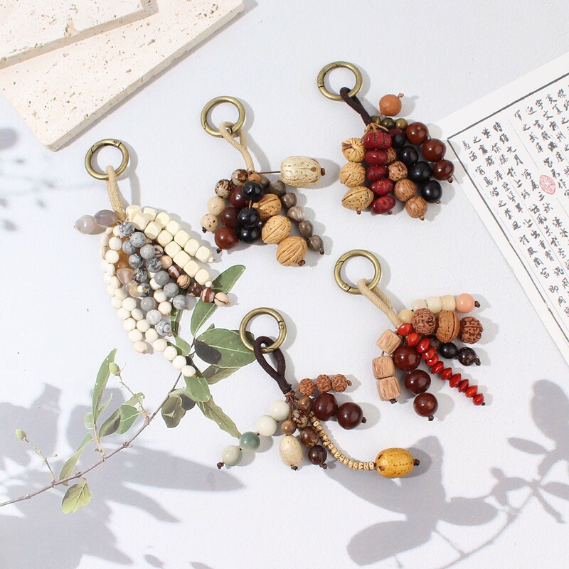 Natural Seed-Inspired Bag Charm, Hand-Woven Natural Fruit Shell Wind Chime Keychain, Vintage Bag and Car Hanging Ornament