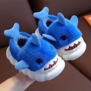 Children's cotton slippers cartoon shark cotton shoes for boys and girls baby to add indoor non-slip warm soft bottom winter cotton slippers