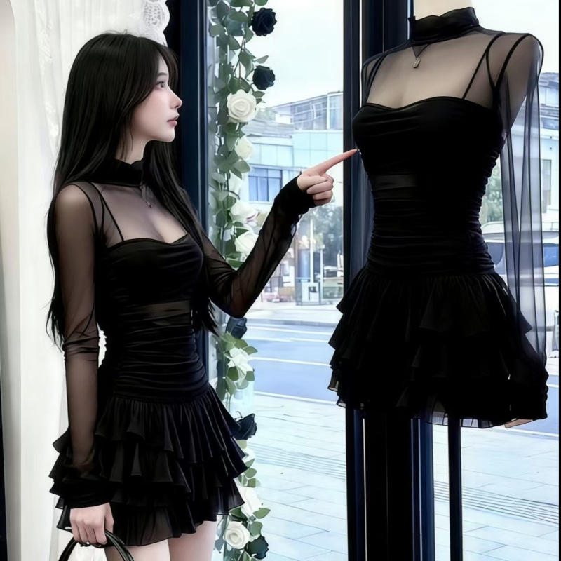 Light Luxury Style Mesh Patchwork Long-Sleeved High-Neck Cake Dress for Women, High-End French-Style Banquet Dress Light Luxury Style Mesh Patchwork Long-Sleeved High-Neck Cake Dress for Women, High-End French-Style Banquet Dress