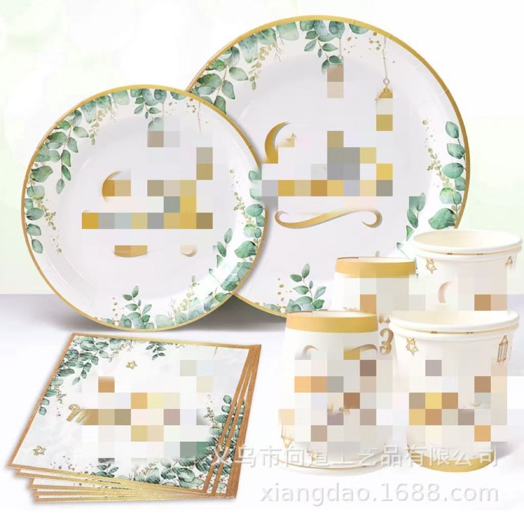 in stock Platinum Sage Green Gold Disposable Tableware Moon Festival Theme Party Tableware Disposable Paper Cup
