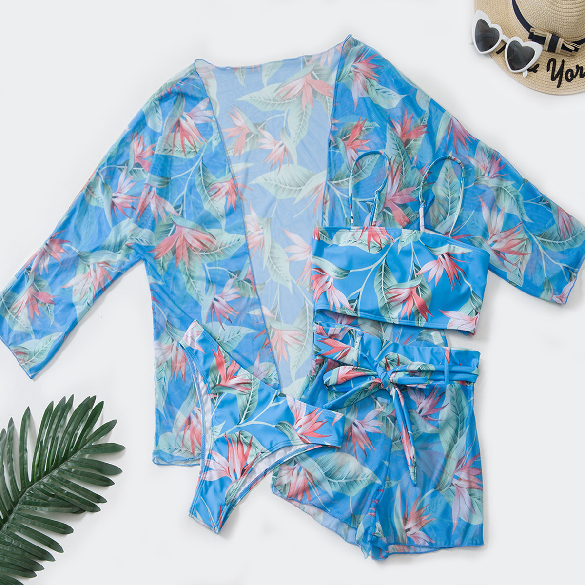 Conjunto de Traje de Baño de Cuatro Piezas para Mujer, Estilo Europeo y Americano 2025, Cintura Alta, Manga Larga, Pantalones Cortos Tipo Boxer, Bikini, Ropa Transfronteriza para AliExpress