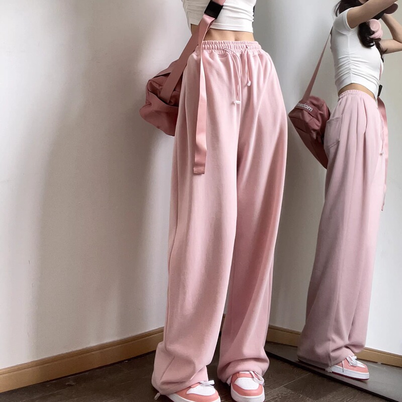Tea Pink Casual Pants Women's Early Autumn Korean Style Elasticated Slimming Trendy Wide Leg Pants High Waist Drawstring Sports Foot Guard Pants