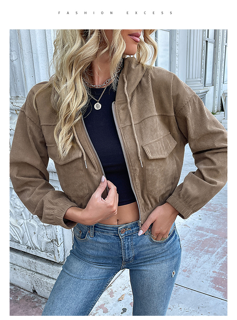 Solid Color Hooded Corduroy Women's Jackets_voghion.com