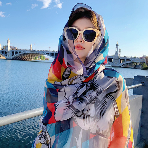 Silk scarf for women spring and summer new versatile fashion scarf long thin shawl foreign style gauze scarf ethnic style photo sun protection