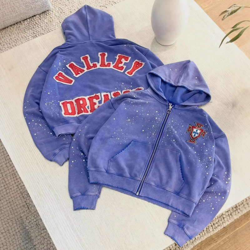 Cross-Border European and American Trendy Streetwear Brand Rhinestone Vintage Distressed Patch Letter Hoodie Zip-Up Sweatshirt Top Cross-Border European and American Trendy Streetwear Brand Rhinestone Vintage Distressed Patch Letter Hoodie Zip-Up Sweatshirt Top