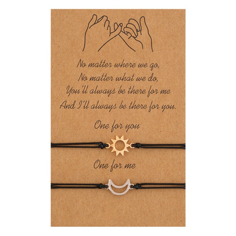 Factory Direct Sales Cross-Border Creative Simple Alloy Sun and Moon Wax Thread Braided Adjustable Card Couple Bracelet Jewelry