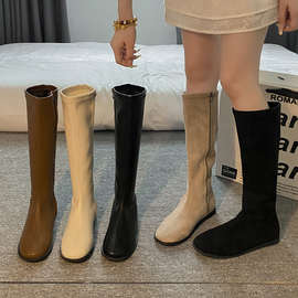 小个子卡其色长靴女靴子法式早秋粗跟棕色高筒靴骑士靴西部牛仔靴