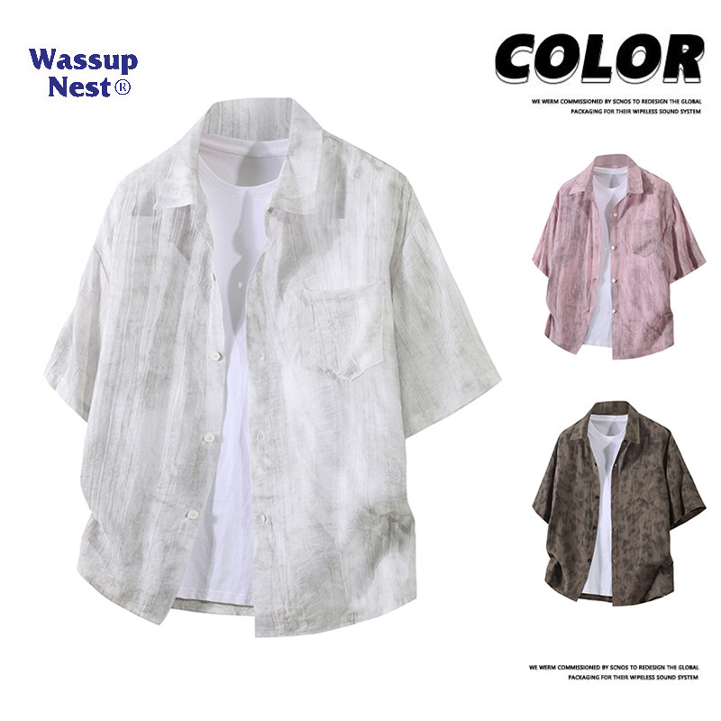 Wassup New Summer Tie-Dye Ice Silk Short-Sleeved Shirt for Men, Large Size, Sports Casual, Breathable, Thin Top, Trendy