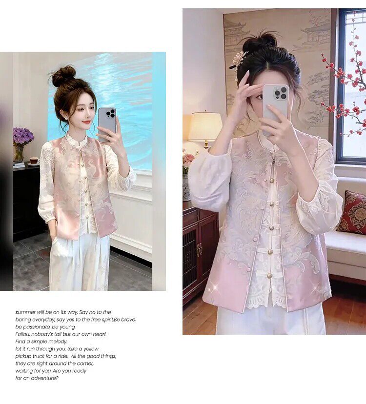 Áo gile nữ thêu hai mặt mặc được hai kiểu, dáng rộng phong cách retro — Áo gile hồng, Áo gile màu vàng chi tiết 7