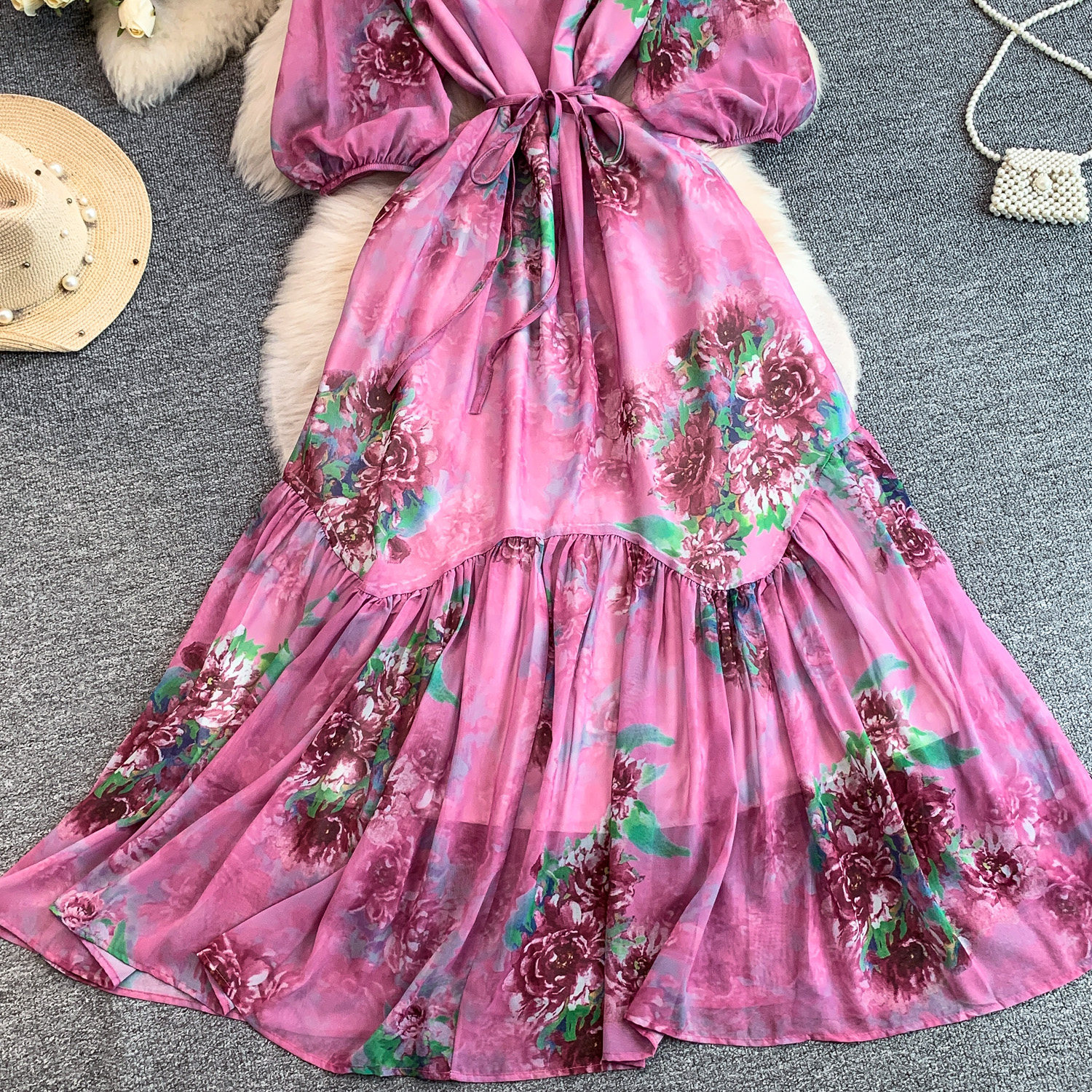Women's Floral Ruffle Hem Maxi Dress with Puff Sleeves Elegant Romantic Design Flowy Chiffon One Size Fits Most_ecoleips.com