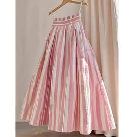 今年流行爆款小个子高腰显瘦蓬蓬裙气质粉色条纹棉麻亚麻半身裙夏