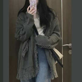 针织衫毛衣女春季2025年新款慵懒风小众灰色宽松长袖开衫上衣外套