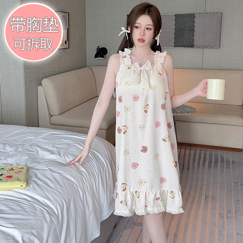 Pijama de algodón burbuja mujer verano dulce con cojín en el pecho honda camisón largo talla 200 kg ropa de hogar ropa exterior