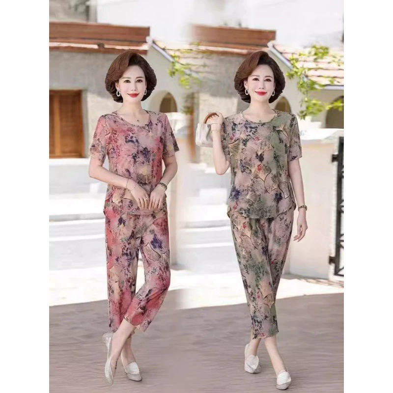 Летняя средняя и пожилая женская мама костюм из двух частей модный прохладный ледяной шелк с короткими рукавами повседневный набор гинкго зеленый