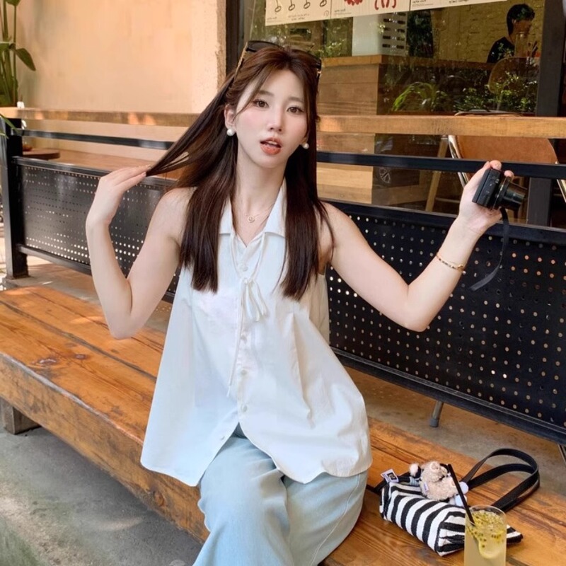 韓国白ノースリーブベストシャツ女性の夏のデザインニッチホルターシャツベビードールシャツ気質トップ|undefined