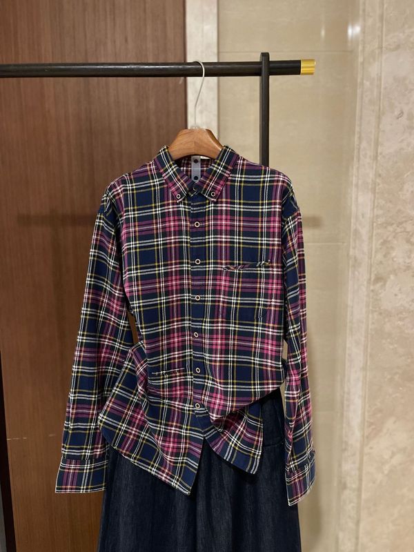 南油日系小众海马刺绣时尚撞色格纹宽松口袋翻领长袖衬衫女25早秋|undefined