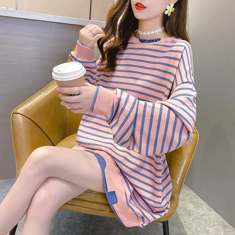 Толстовка средней длины большого размера для женщин, весенне-осенняя свободная рубашка в корейском стиле из двух частей, тонкая хлопковая полосатая рубашка с длинными рукавами, топ