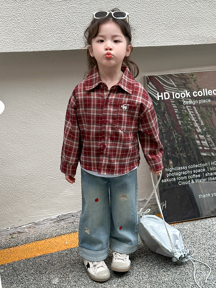 Camisas de niñas primavera y otoño 2025 nuevas camisas de niños chaqueta a cuadros chaqueta de primavera de bebés de niñas chaqueta de moda