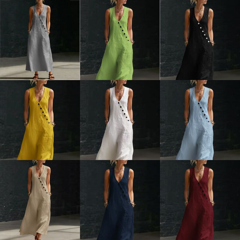 2026 Spring and Summer Tiktok Cross-Border European and American Lazy Style V-Neck Buttoned Cotton and Linen Long Dress Sleeveless Vest Dress