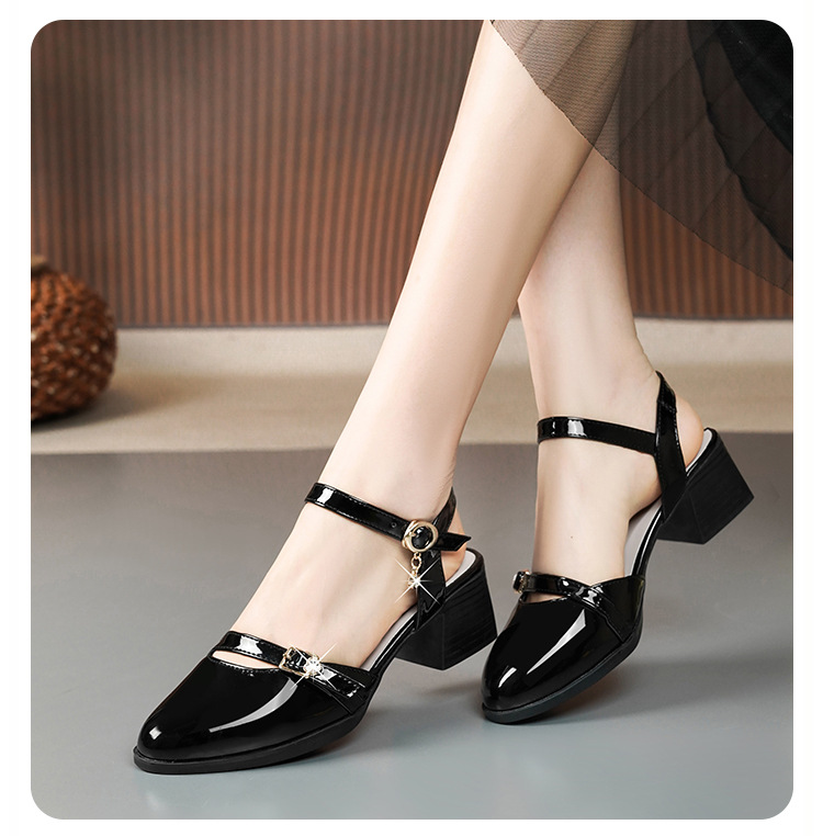 Sandal bít mũi nữ gót thô đi làm đế mềm da thật — Màu đen chi tiết 8