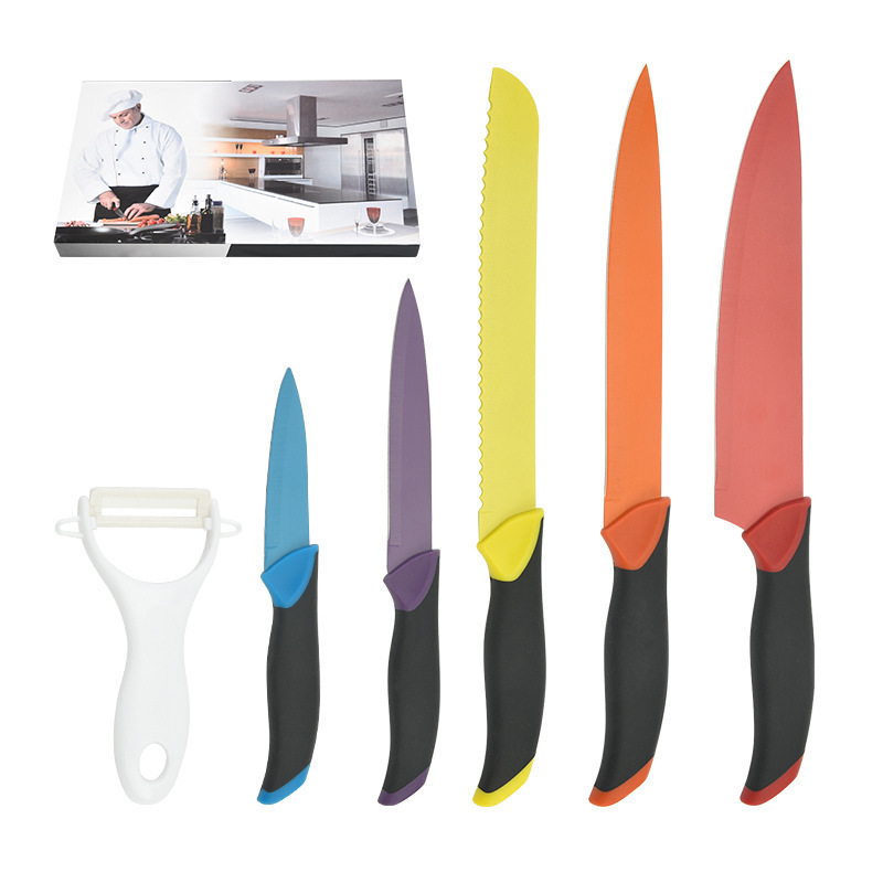 Venta al por mayor en stock COLOR DE ACERO INOXIDABLE cuchillo de seis piezas traje de moldeo por inyección secundaria con melón cepilladora color caja de regalo Cocina