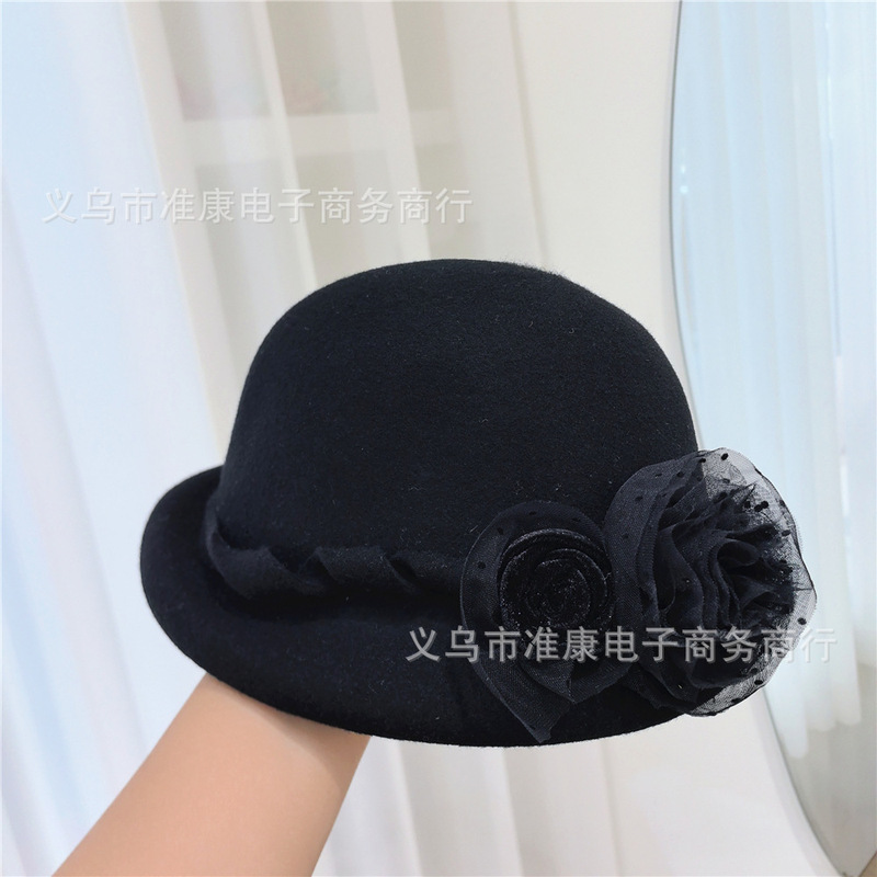 法式优雅麻花朵贝雷帽女秋冬赫本风羊毛呢卷边盆帽复古洋气小礼帽|undefined