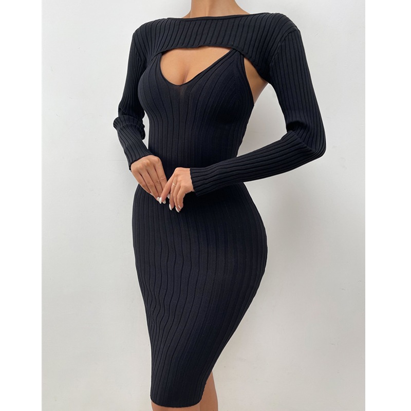 Solid Color Knitted Long-Sleeved Sweater Slip Dress 2 Piece Set NSSCY109708