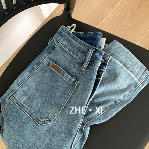 Zhexi high waist jeans for women spring new style washed retro pocket stretch wide leg jeans trousers for women K073