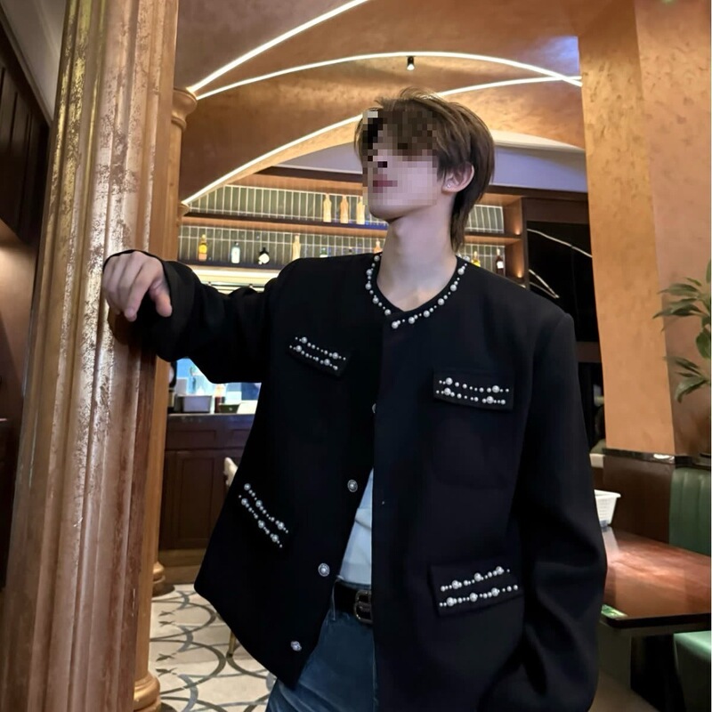Fashionable Chanel-Style Waist-Cinching Slim Short Jacket for Men, 2025 Spring and Autumn New Temperament Niche Tweed Blazer