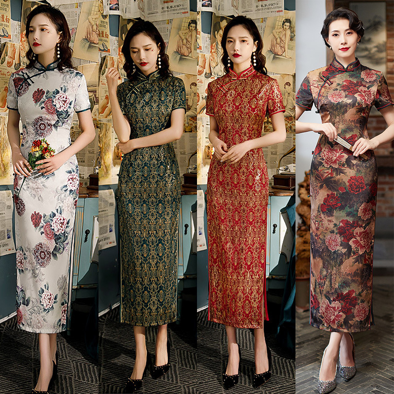 New Flower Luo Cheongsam Dress Three-point Sleeve Long Improved Side Eight Buckle Double-layer Cheongsam