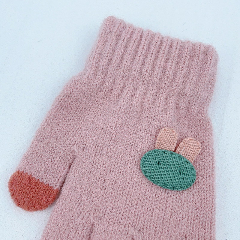 Autumn and Winter Children's gloves wool boys and girls cold-proof warm cute rabbit cartoon baby five-finger knitted gloves