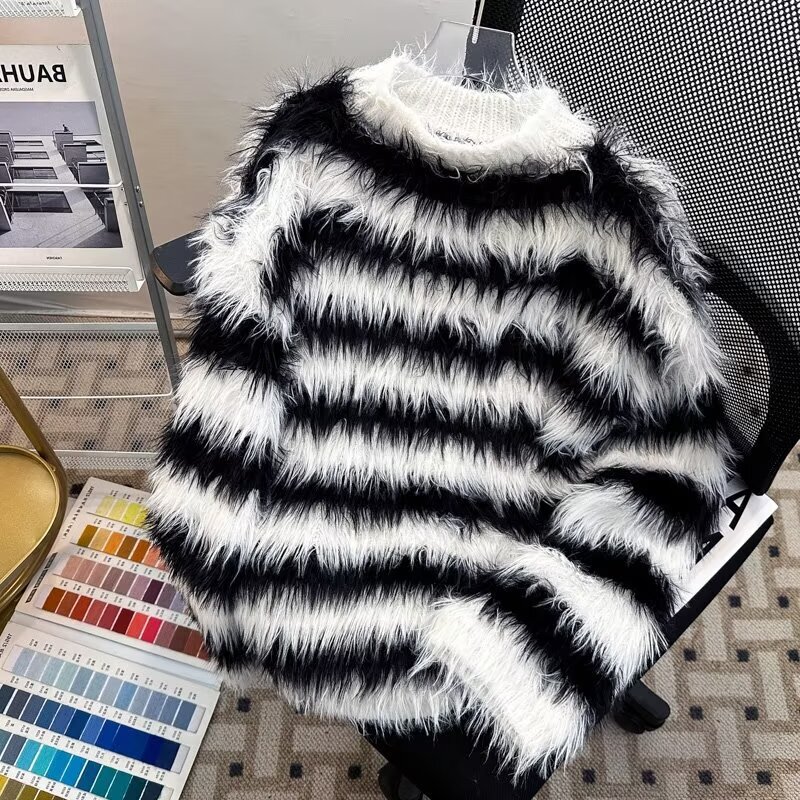 Striped Sweater Men's Loose Winter Gentle Style Loose Lazy Style Couple Outer Furry Top