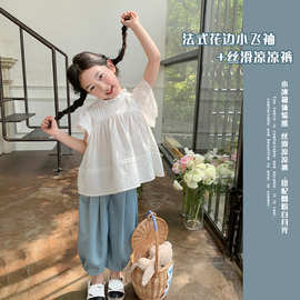 【清仓】儿童套装女童夏季童装薄款衬衫中小童夏装防蚊裤两件套