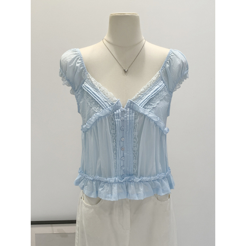 Chic Lace V-Neck Chiffon Short-Sleeve T-Shirt for Petite Women, Summer 2026 New Style, Backless Tie-Up Ruffle Top Chic Lace V-Neck Chiffon Short-Sleeve T-Shirt for Petite Women, Summer 2026 New Style, Backless Tie-Up Ruffle Top
