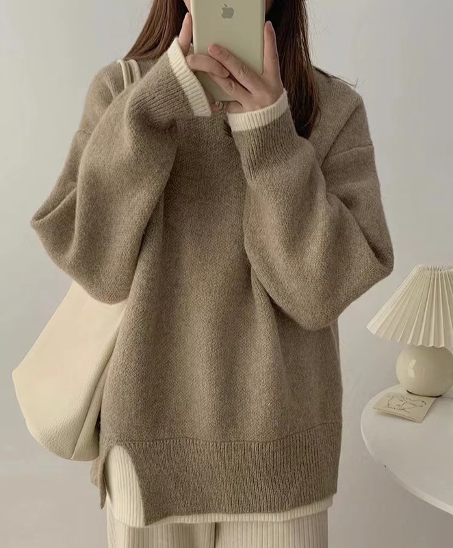 中长款毛衣女秋冬季外穿2025新款韩系宽松慵懒风假两件针织衫加厚|undefined