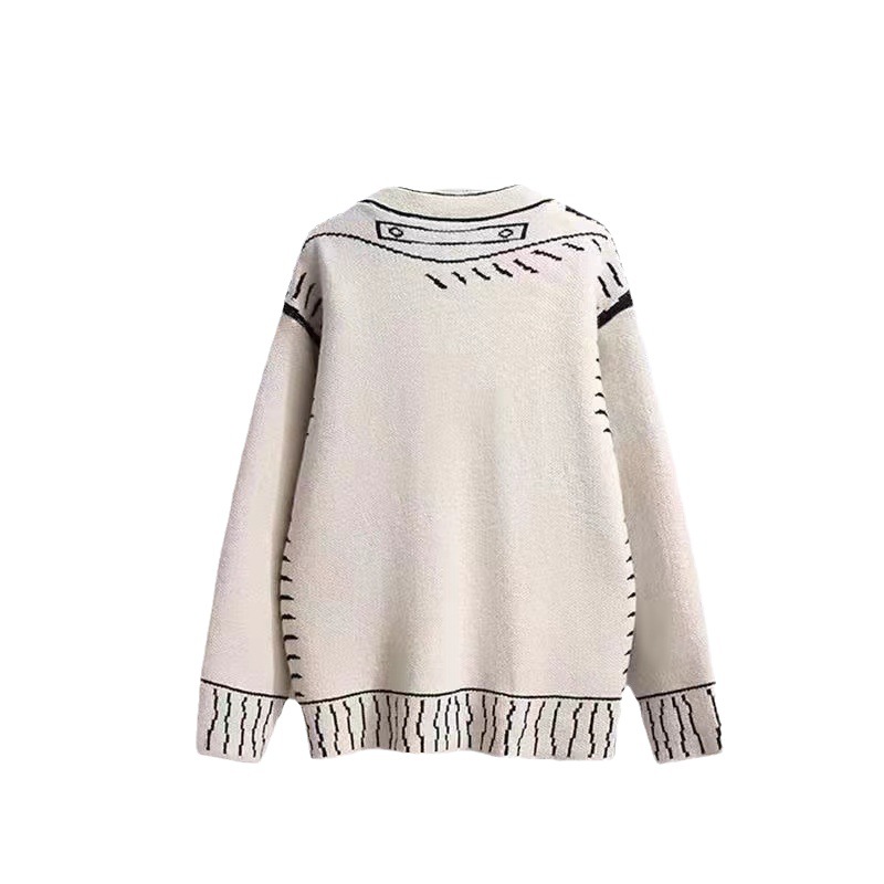 2023 otoño e invierno nuevo perfil blanco y negro pintura graffiti suéter flojo de las mujeres perezoso cardigan abrigo de punto superior