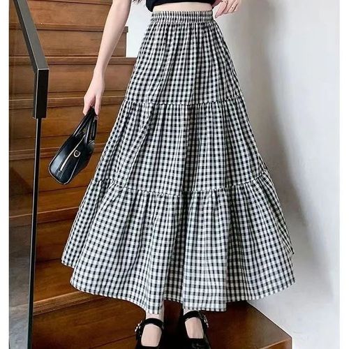 Puzzle cake skirt 2025 women's summer elastic slimming niche loose retro high-waisted half-length checkered dress
