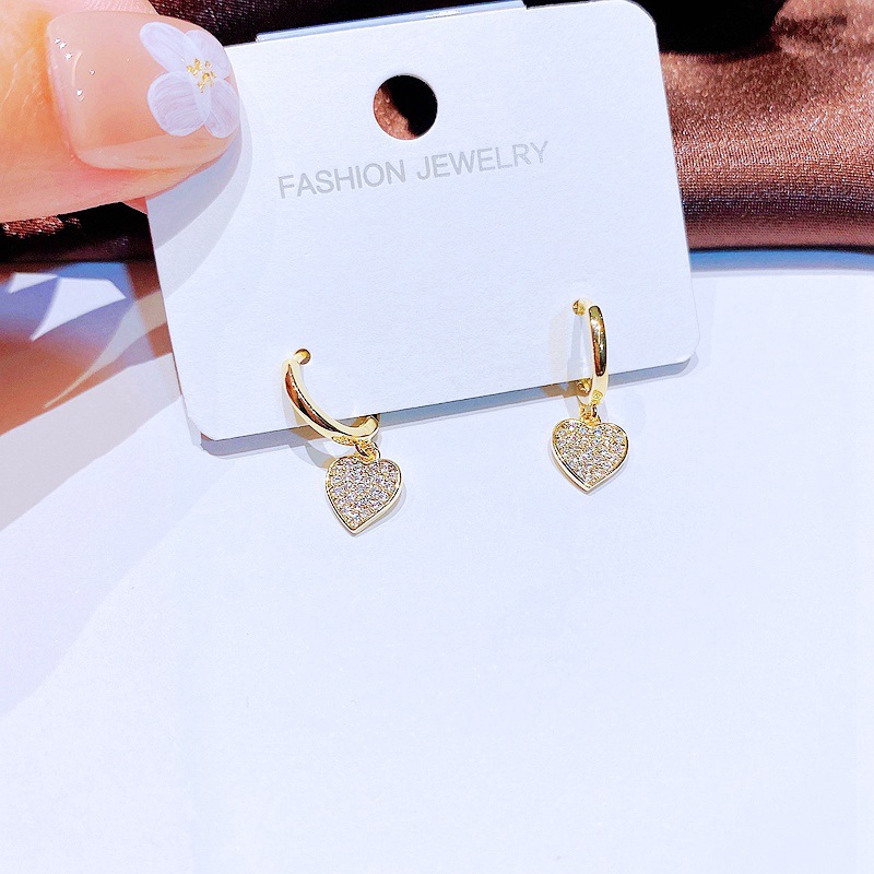Fashion Heart Shaped Pendant Micro Inlaid Zircon Ear Clip Small Earrings