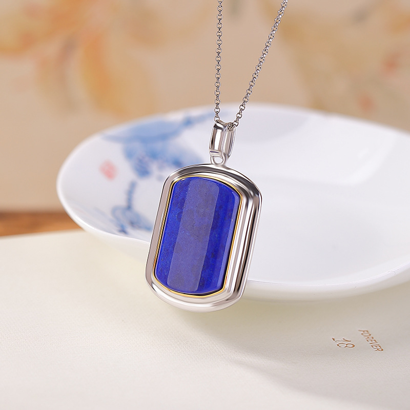 Mặt dây chuyền bạc S925 đính đá lapis lazuli phong cách vintage hình học — Mặt dây chuyền đơn (không bao gồm chuỗi)