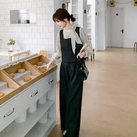 2025春季新款女搭配一整套蓝色牛仔背心阔腿裤搭配波点衬衫三件套