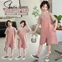 Summer Set for Girls 2024 New Children's Summer Fashion Trendy Outfit for Older Girls Two-Piece Set with Overalls