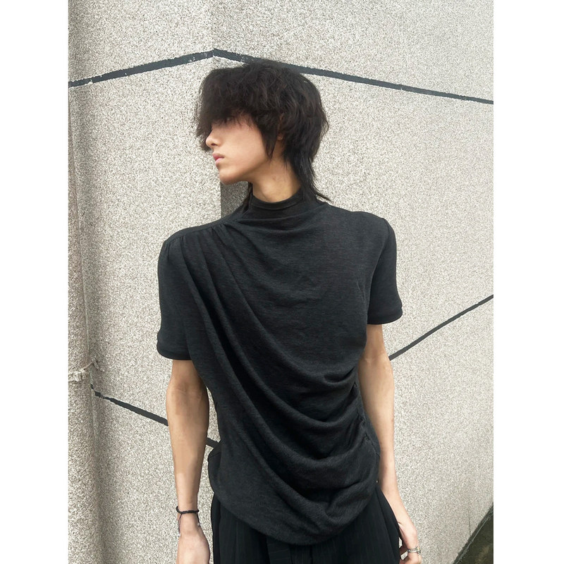 Stacked Pleated Mid-Neck New Aristocratic Style Short-Sleeve T-Shirt for Men, Summer Cleanfit Loose Fit, Regular Shoulder Half-Sleeve Stacked Pleated Mid-Neck New Aristocratic Style Short-Sleeve T-Shirt for Men, Summer Cleanfit Loose Fit, Regular Shoulder Half-Sleeve