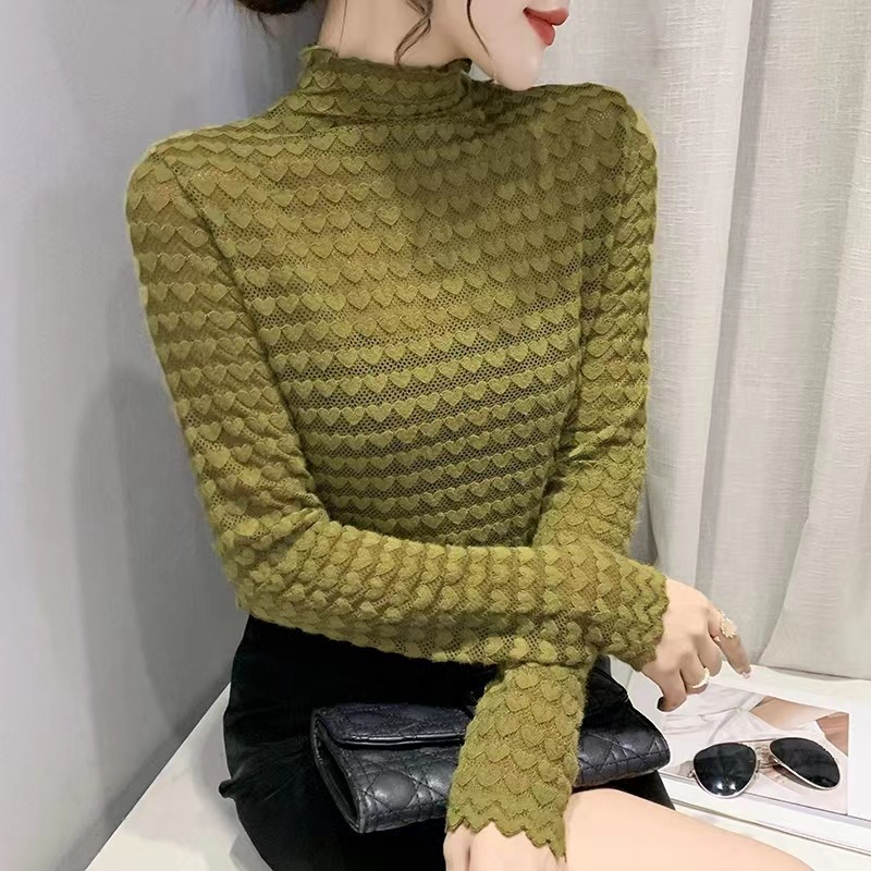 Maglia termica da donna a maniche lunghe con scollo a lupetto e pizzo floccato - Elegante capo da indossare a strati per l'autunno e l'inverno_voghion.com