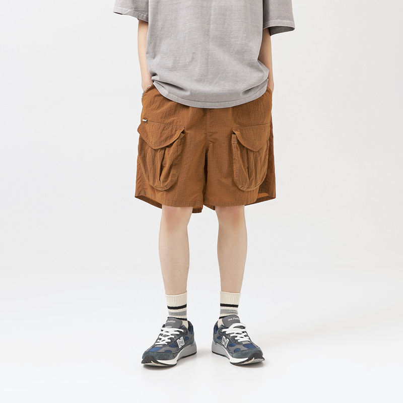 Ikug American Caramel Color Quick-Drying Plaid Cargo Shorts Men's Summer Functional Thin Multi-Flap Pocket Pants Casual Quarter Pants