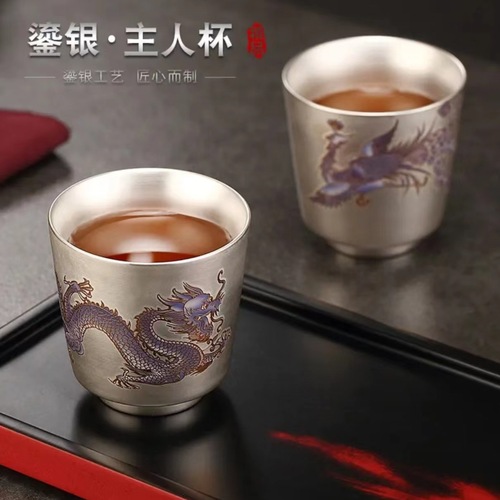 Silver-plated teacup Pure silver 999 cup owner cup tea cup handmade porcelain silver-plated tea set teacup drinking cup