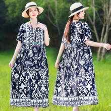 外贸棉绸连衣裙波西米亚风大码沙滩裙民族风宽松V领过膝长裙