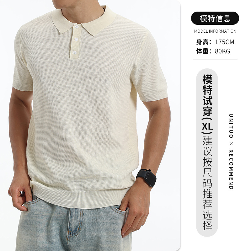 Verano nuevo hombre waffle textura hielo tejido polo camiseta transpirable manga corta negocios ropa casual hombre